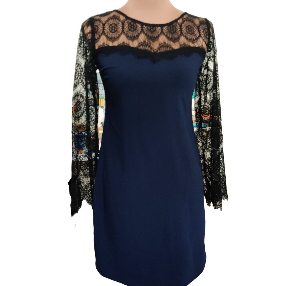 Xhilaration Womens Dress Mini Cocktail Sheath Black Lace Long Sleeve Blue Sz S